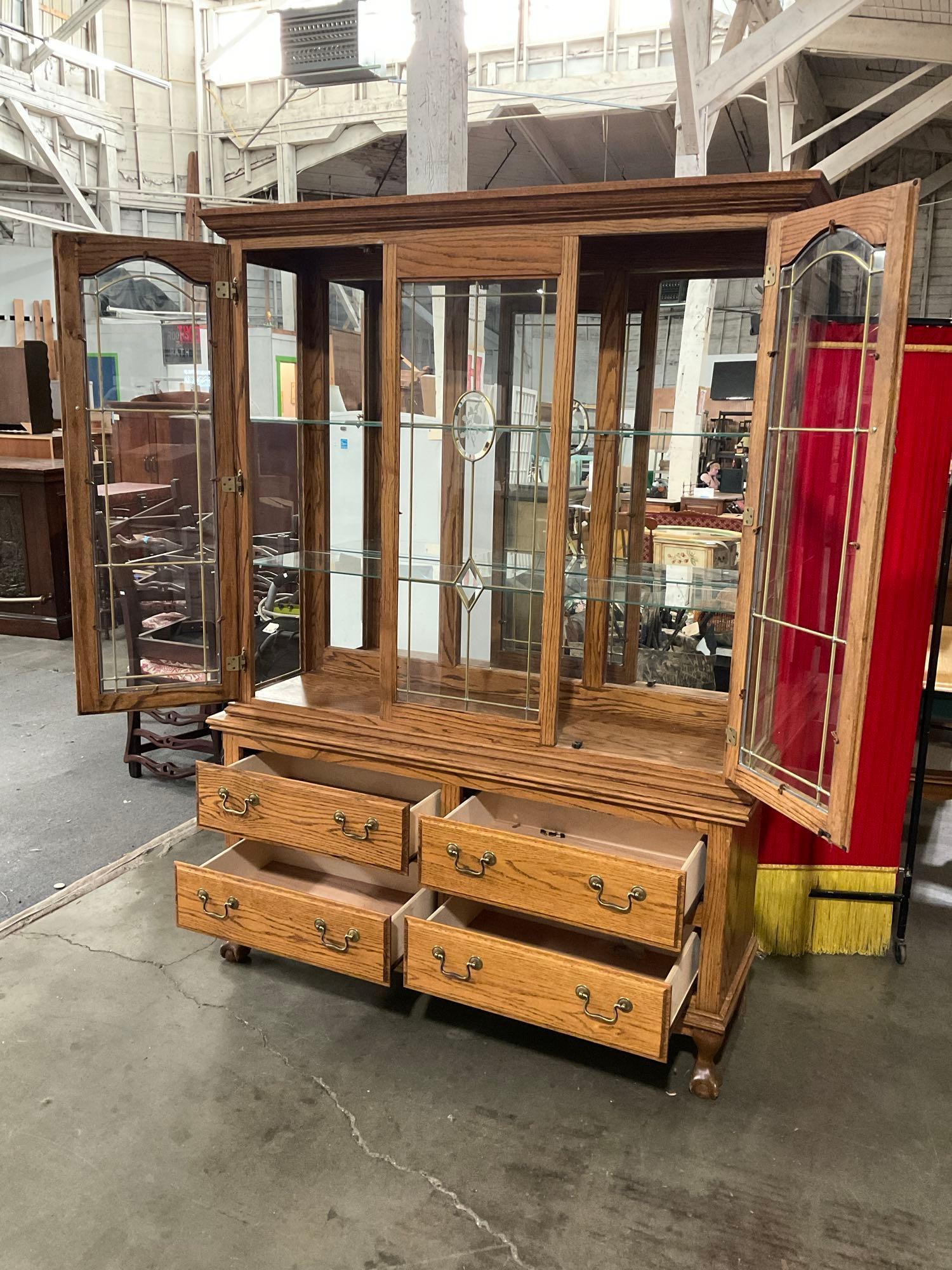 Vintage L&A Oak 2 Piece Glass Fronted Display Cabinet w/ 2 Glass Shelves & 4 Drawers. See pics.