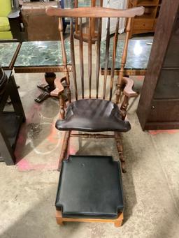 Vintage Doweled Black Leather Rocking Chair w/ Black Leather Ottoman - See pics