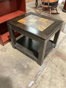 Modern wood 2 tiered end table w/ inlayed stone - See pics