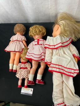 Set of 4 Vintage Dolls, a couple Shirley Temple Dolls, a couple with Red/White Dresses