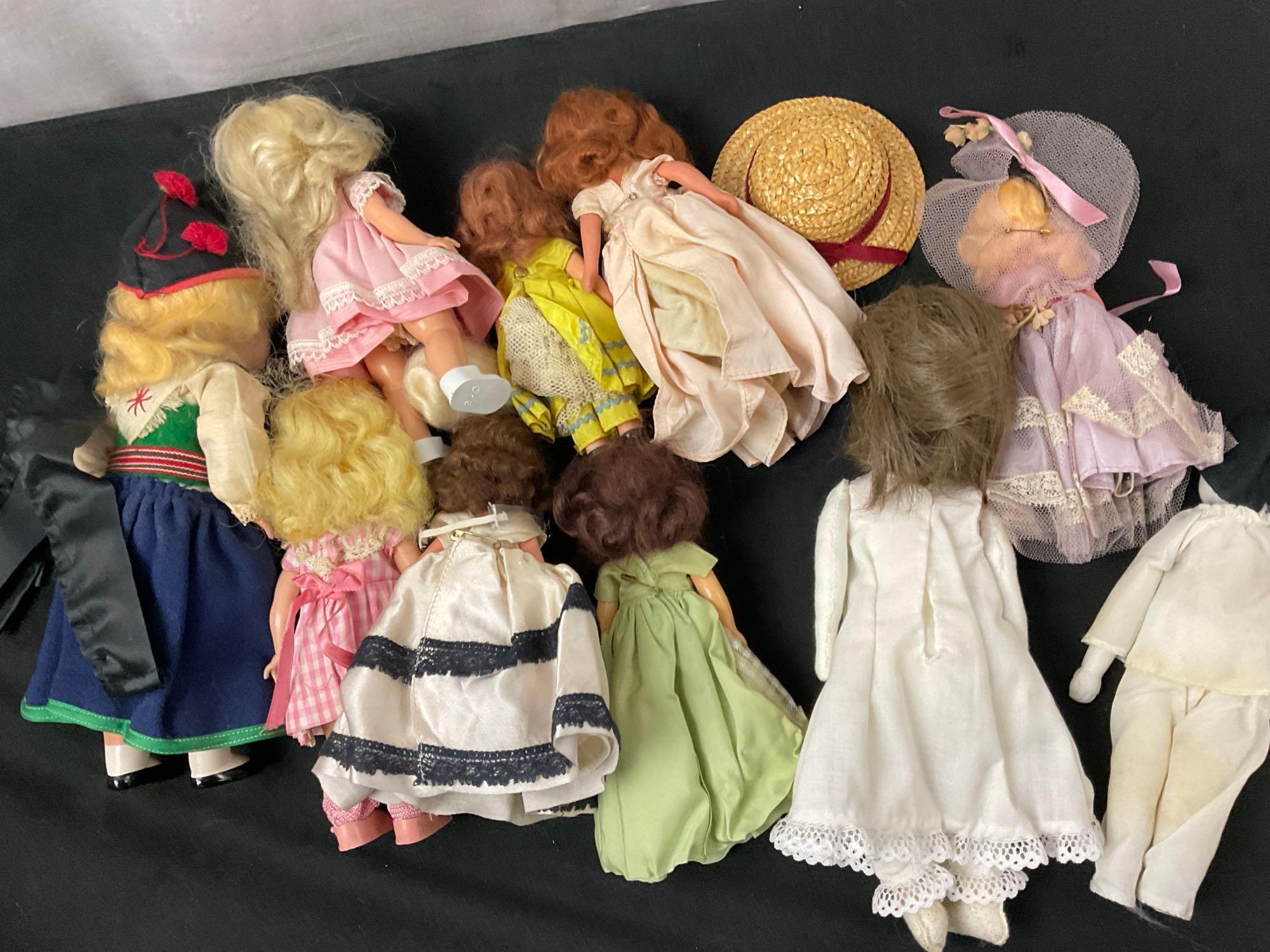 Set of 10 Smaller Vintage Dolls, several Story Book Dolls, couple of Gingham dresses