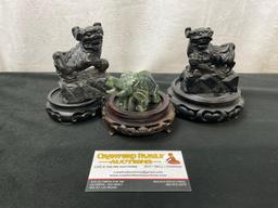 Carved Jade/Jadeite(?) & 2x Foo Dogs carved Dark Black Stone