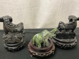 Carved Jade/Jadeite(?) & 2x Foo Dogs carved Dark Black Stone