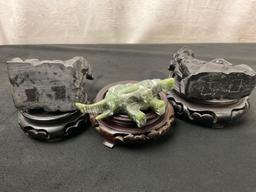 Carved Jade/Jadeite(?) & 2x Foo Dogs carved Dark Black Stone