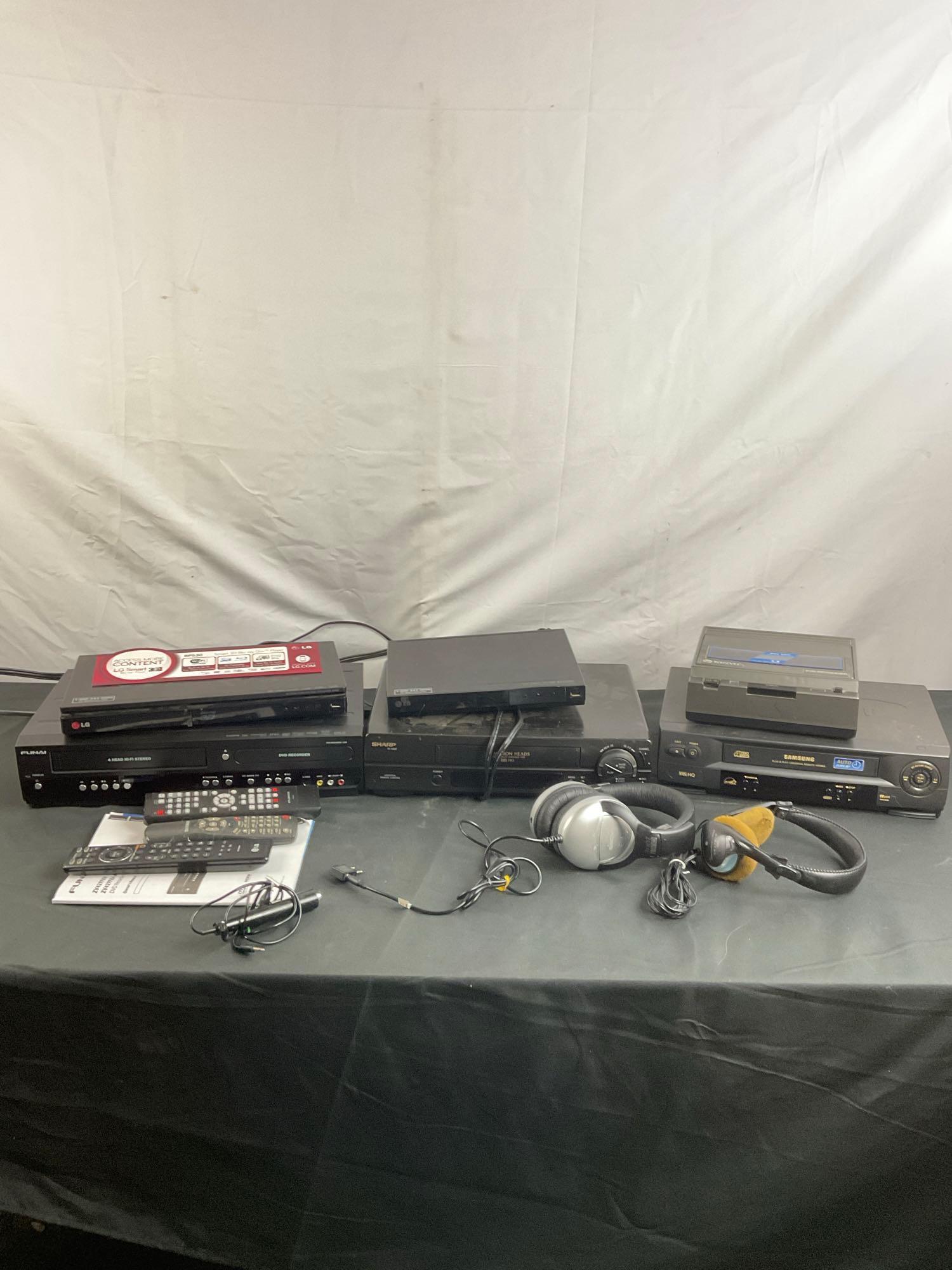 Collection of Blu Ray, DVD, & VHS Players, Recorders, & Rewinders + Remotes & Headsets