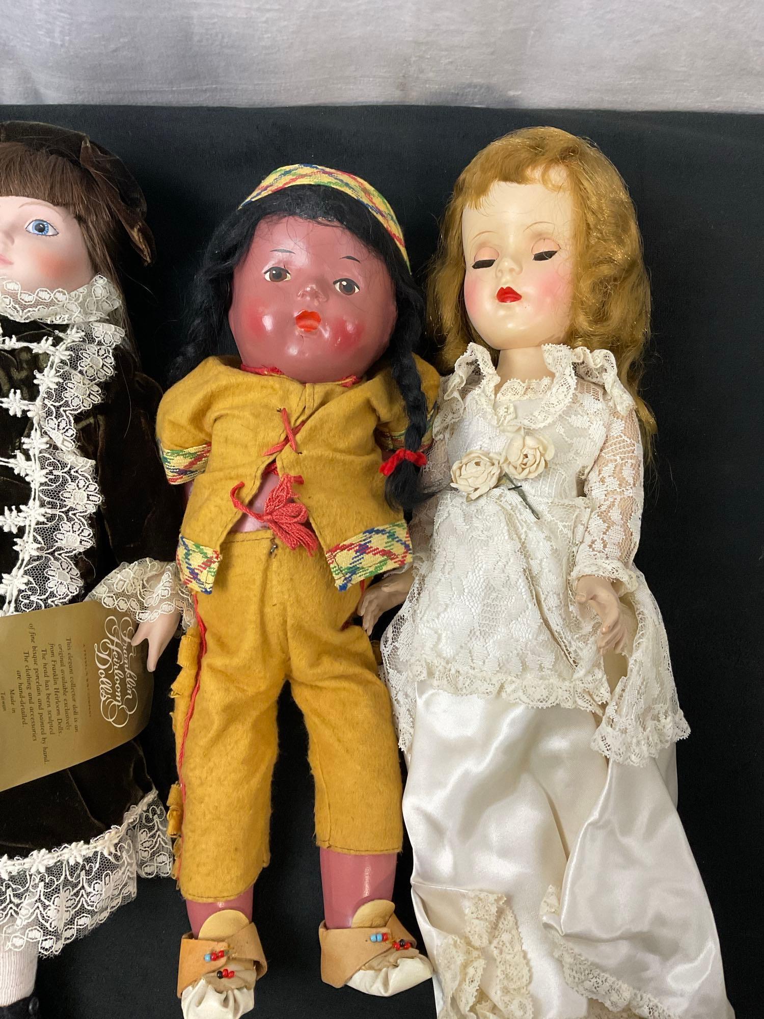 Set of 3 vintage dolls, Franklin Heirloom 1984, Ginny Intl. Bride, Hiawatha Reliable Doll