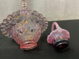 Pair of Vintage Fenton Carnival Glass Baskets, Pink Clear & Iridescent