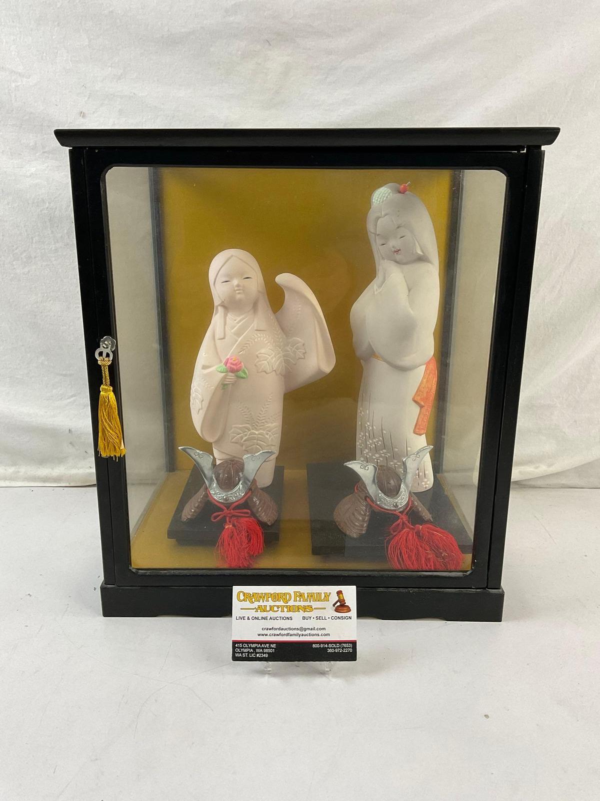 2 pcs Vintage Japanese Ceramic Maiden Dolls in Wood & Glass Case.