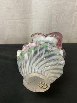 Vintage FENTON Melon Basket in French Opalescent Spiral w/ Dusty Rose Edge, signed by Bill Fenton