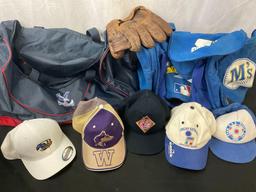Collection of 5 Hats, Pair of Duffel Bags, Mariners Starter Bag, Old Leather Baseball Glove