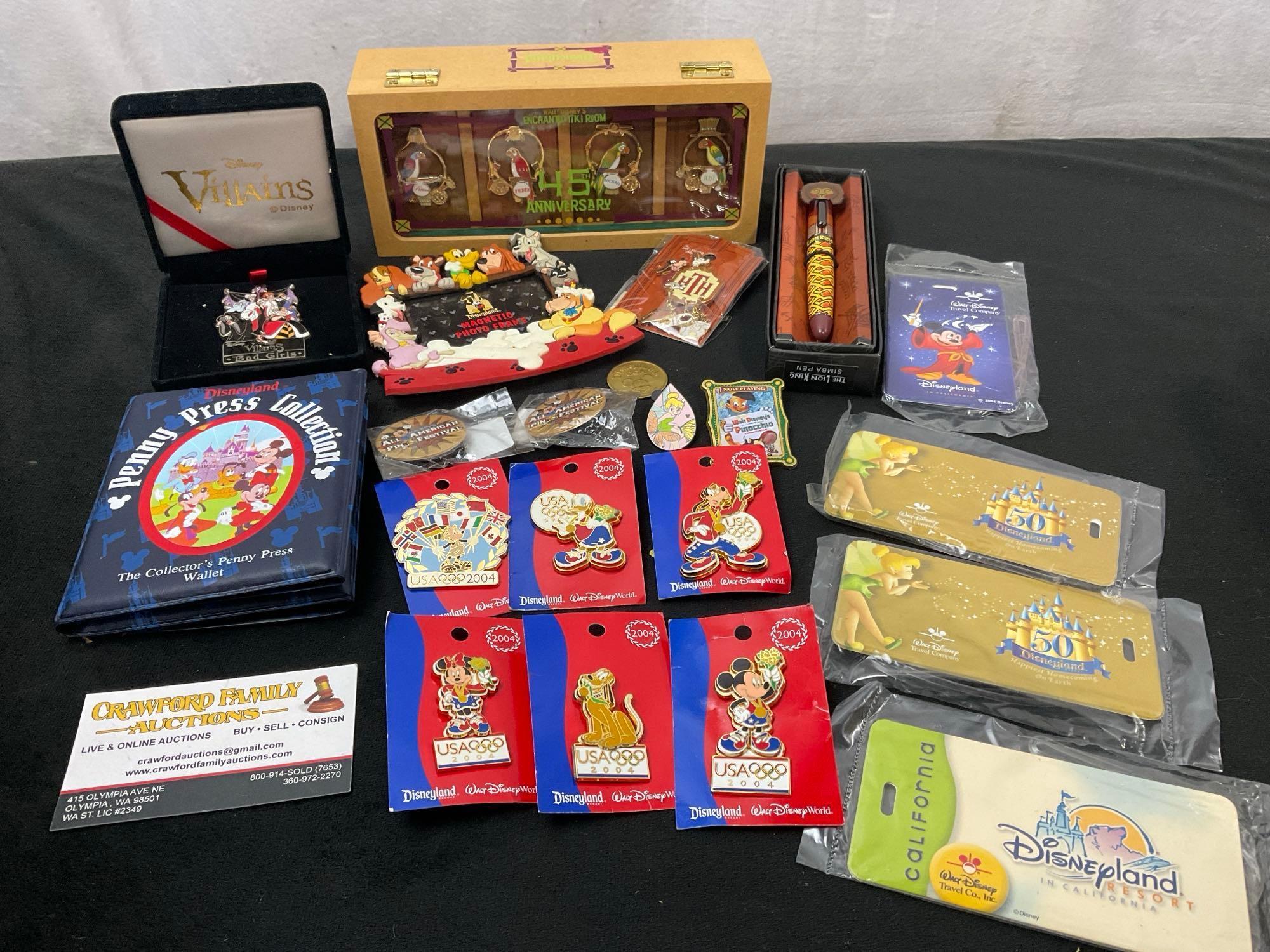 Assorted Disneyland Pins, Smashed Coins, 2008 LE Pin Set w/ box signed by Monty Maldovan
