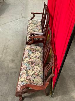 Pair of Vintage Intricately Carved Mahogany Benches w/ Floral Cushions & Claw Feet. See pics.