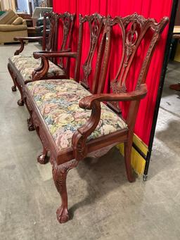 Pair of Vintage Intricately Carved Mahogany Benches w/ Floral Cushions & Claw Feet. See pics.