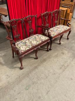 Pair of Vintage Intricately Carved Mahogany Benches w/ Floral Cushions & Claw Feet. See pics.