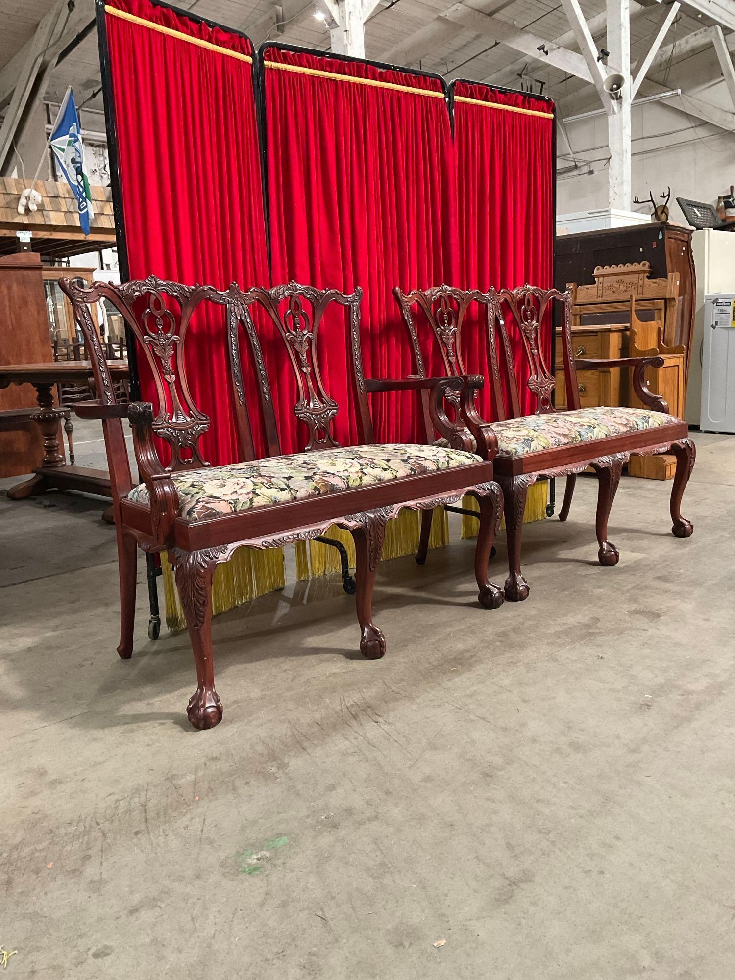 Pair of Vintage Intricately Carved Mahogany Benches w/ Floral Cushions & Claw Feet. See pics.