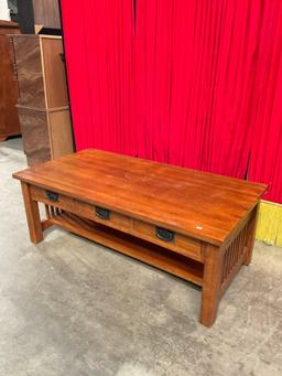 Vintage Wooden Mission Style Coffee Table w/ 3 Drawers & Low Shelf. Measures 49" x 18" See pics.