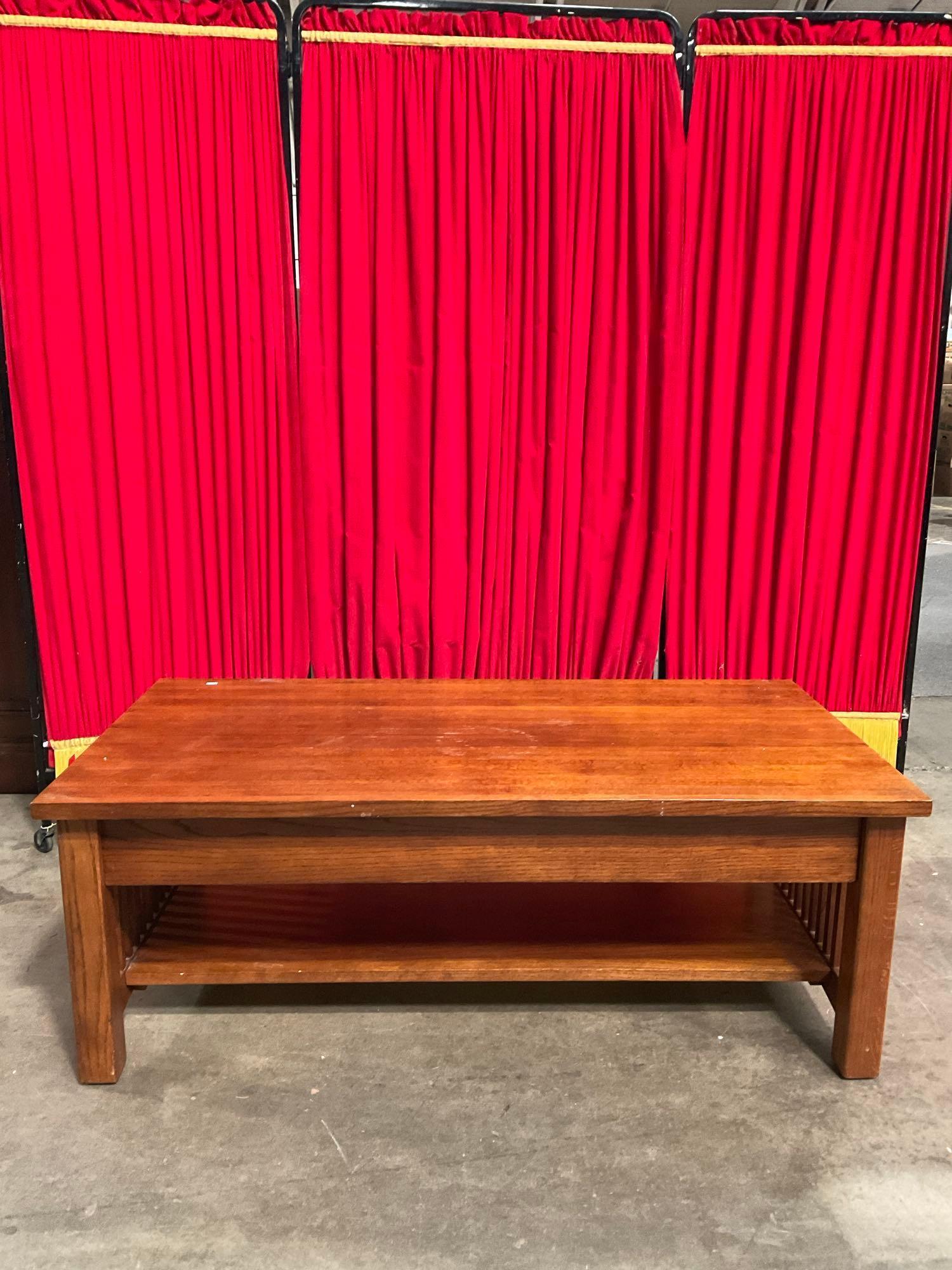 Vintage Wooden Mission Style Coffee Table w/ 3 Drawers & Low Shelf. Measures 49" x 18" See pics.