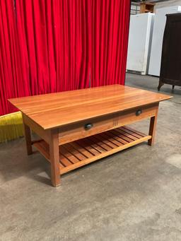 Vintage Wooden Mission Style Coffee Table w/ 2 Drawers & Low Shelf. Measures 48" x 19" See pics.