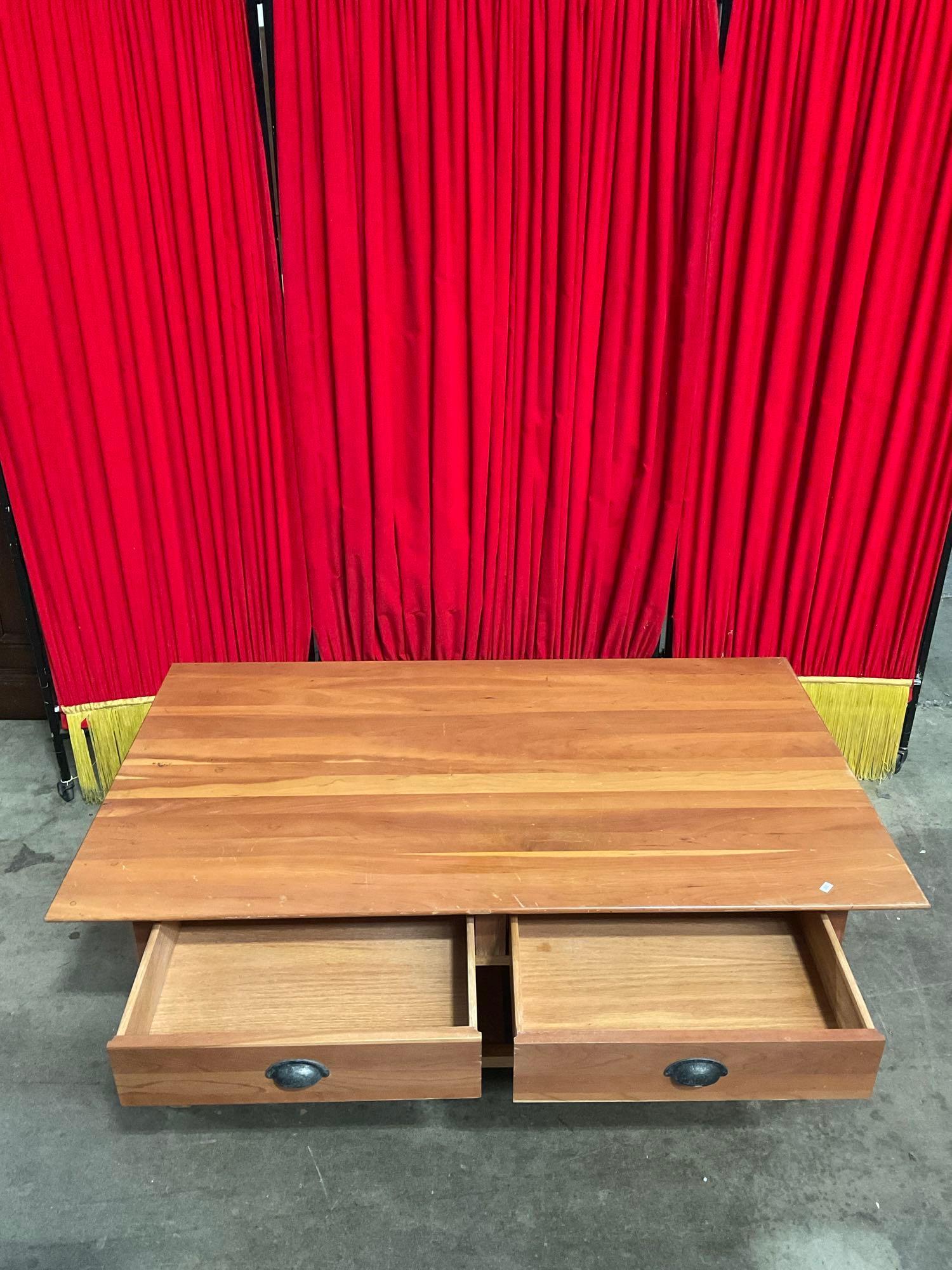 Vintage Wooden Mission Style Coffee Table w/ 2 Drawers & Low Shelf. Measures 48" x 19" See pics.