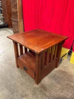 Vintage Square Mission Style Wooden Side Table w/ Drawer & Low Shelf. Measures 28" x 25" See pics.