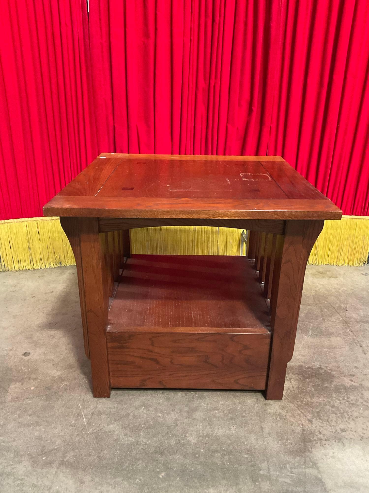 Vintage Square Mission Style Wooden Side Table w/ Drawer & Low Shelf. Measures 28" x 25" See pics.