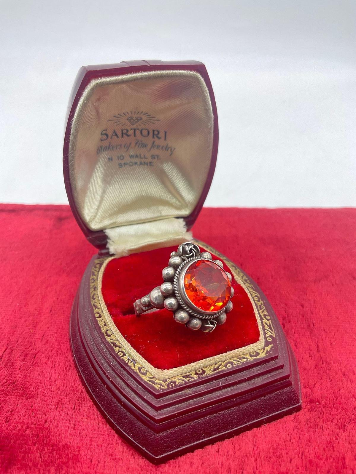 Antique .800 silver women's rose motif beaded design ring with large citrine glass stone sz 9