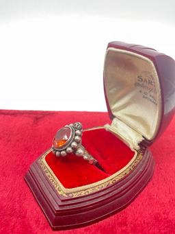 Antique .800 silver women's rose motif beaded design ring with large citrine glass stone sz 9