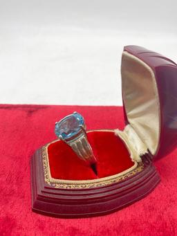 .925 sterling silver cocktail ring with modernist design & massive blue topaz