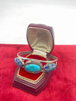 Sterling silver cuff bracelet with tri-stone setting - mosaic opal/shell and turquoise cabochon