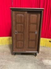 Vintage Mid-Century Modern Wooden Cupboard w/ Embossed Sliding Doors & 4 Shelves. See pics.