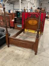 Contemporary Intricately Carved Cherry Queen Four Poster Bed Frame w/ Beautiful Inlay. See pics.