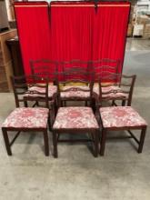 6 pcs Antique Cherry Ladder Back Dining Chairs w/ Red Paisley Upholstery. See pics.