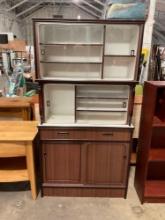 Vintage Wooden Display Cabinet w/ Glass Slideing Doors & White Accents - See pics