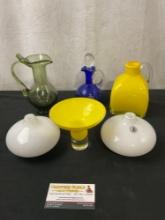 Art Glass Decor Items, IKEA White Bud Vases, Handblown small Pitcher, Cobalt Cut Glass Cruet bottle