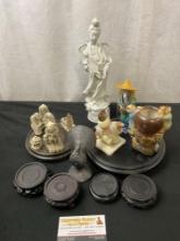 Asian Collectibles, Tall Quan Yin Porcelain Statue, Clay Figurines, Ceramic decor, 6 Wooden stands