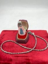 Vintage sterling silver bead neckalce with lovely pink stone and shell sterling pendant