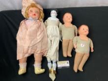 Set of 4 vintage dolls, 1x Antique German Bisque, 2x matching 1920s-30s K&Ks Dolls, 1x Horsman