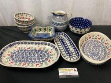 Lovely Vintage Polish Handpainted Glazed Porcelain Plates w/ a variety of patterns, 9 pieces