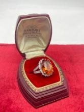 Engagement style faceted citrine glass ring with CZ accents - .925 sterling silver