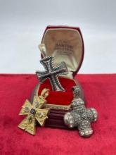 3x sterling silver cross pendants incl. marcasite, gold and crystal & gothic sterling crosses