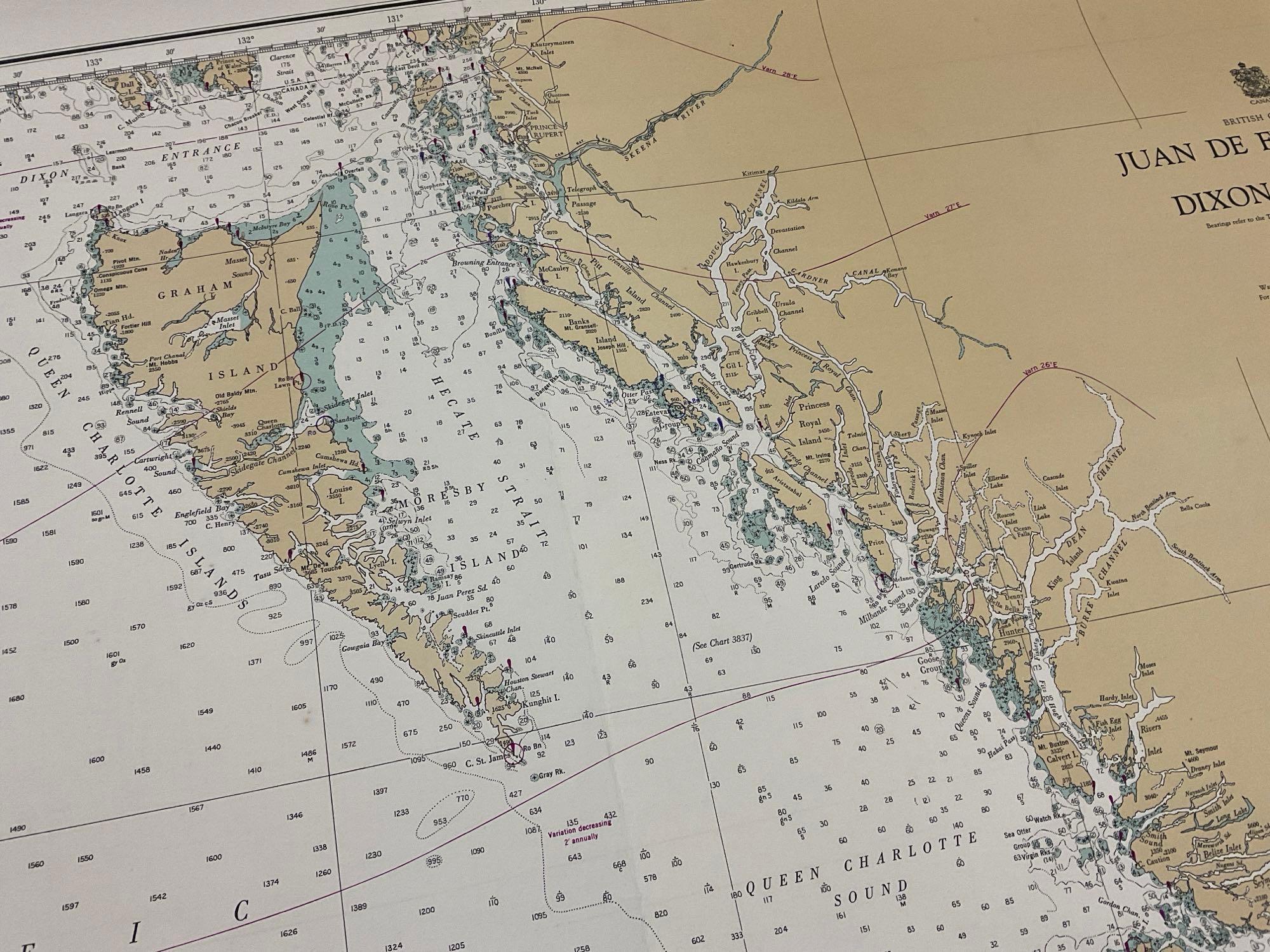 Vintage 1958 Canada BC, Juan De Fuca Strait to Dixon Entrance Offshore Map