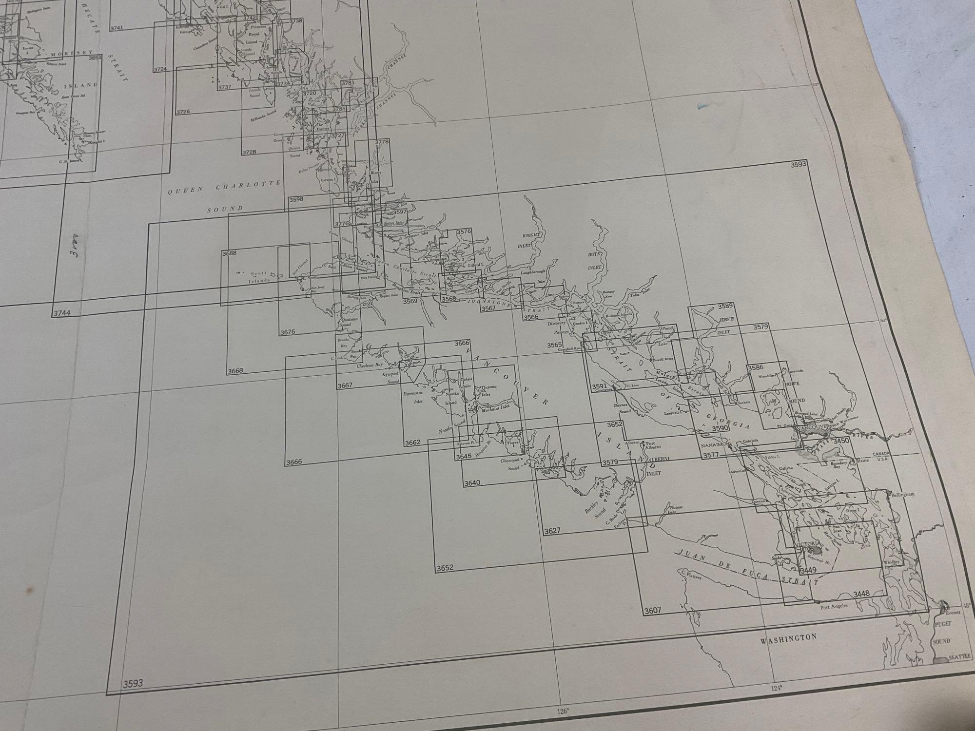 Vintage 1958 Canada BC, Juan De Fuca Strait to Dixon Entrance Offshore Map