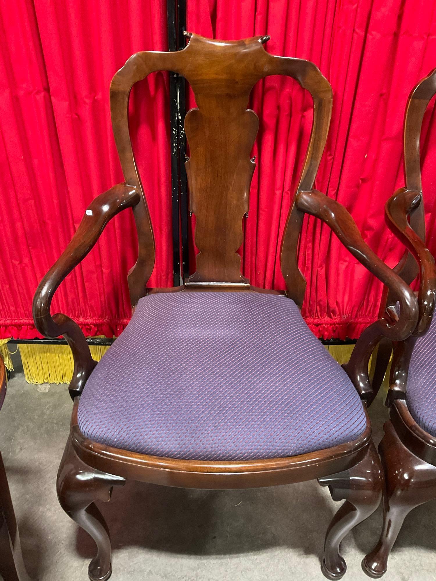 Vintage Burled Wood Expanding Dining Table w/ 2 Leaves, Covers & 13 Scroll-back Chairs. See pics.