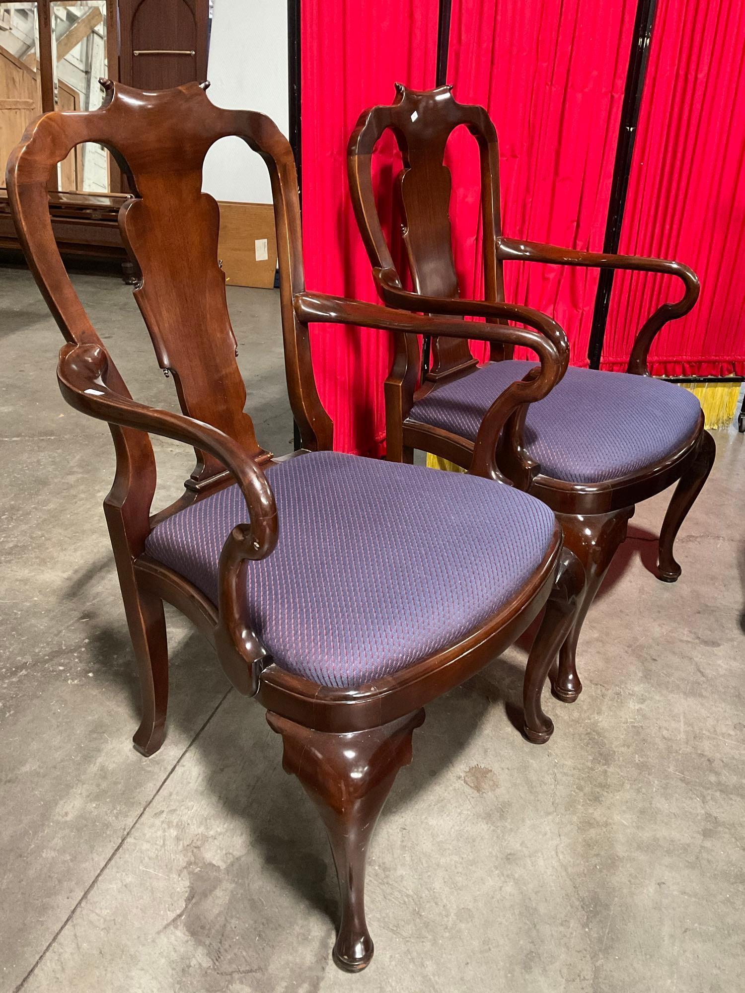 Vintage Burled Wood Expanding Dining Table w/ 2 Leaves, Covers & 13 Scroll-back Chairs. See pics.