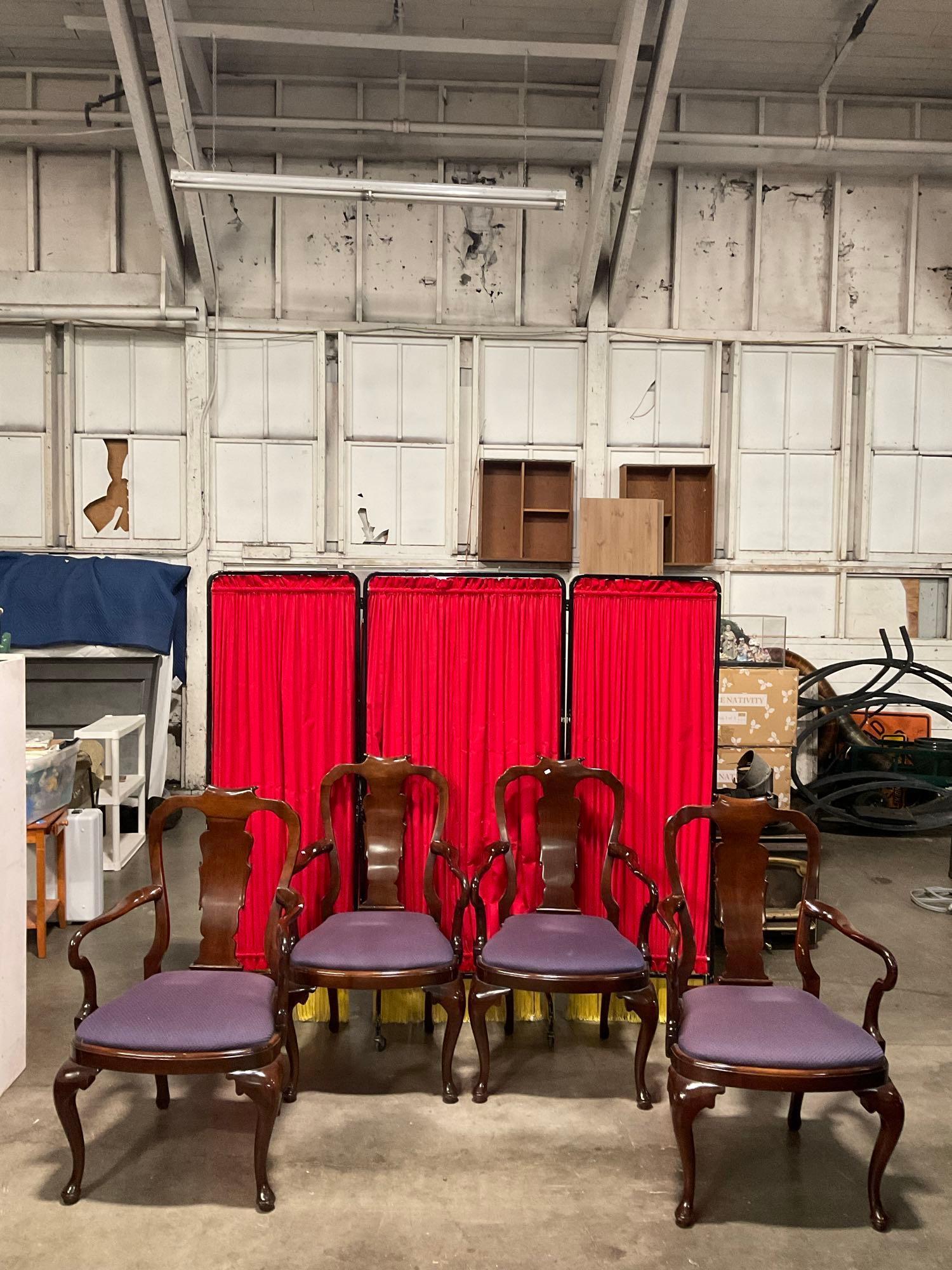 Vintage Burled Wood Expanding Dining Table w/ 2 Leaves, Covers & 13 Scroll-back Chairs. See pics.