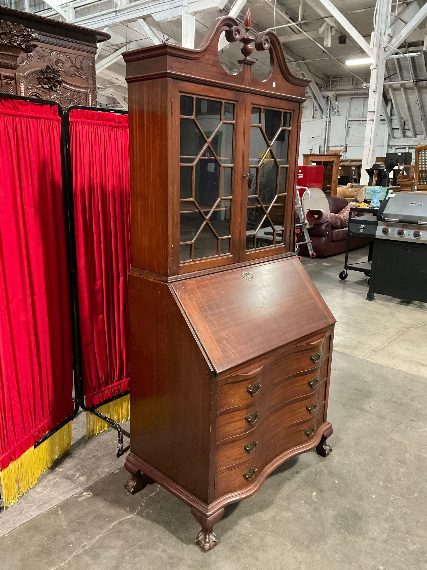 Vintage Maddox Colonial Reproductions Mahogany Curved Front Secretary Desk w/ Display Case. See