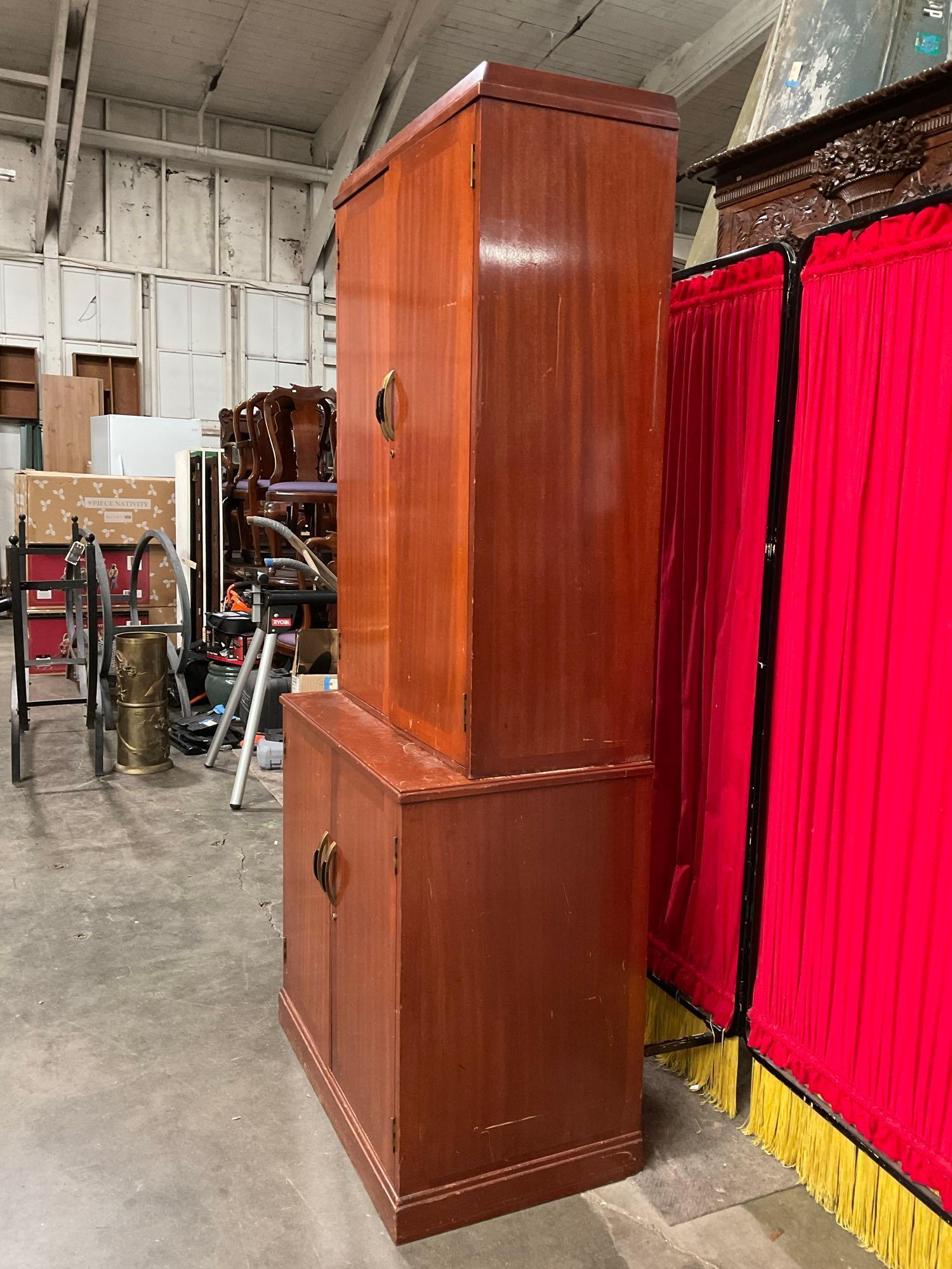 Vintage Mid-Century Modern 2 Piece Wooden Cabinet w/ Letter Compartments & 5 Shelves. See pics.