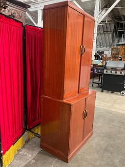 Vintage Mid-Century Modern 2 Piece Wooden Cabinet w/ Letter Compartments & 5 Shelves. See pics.