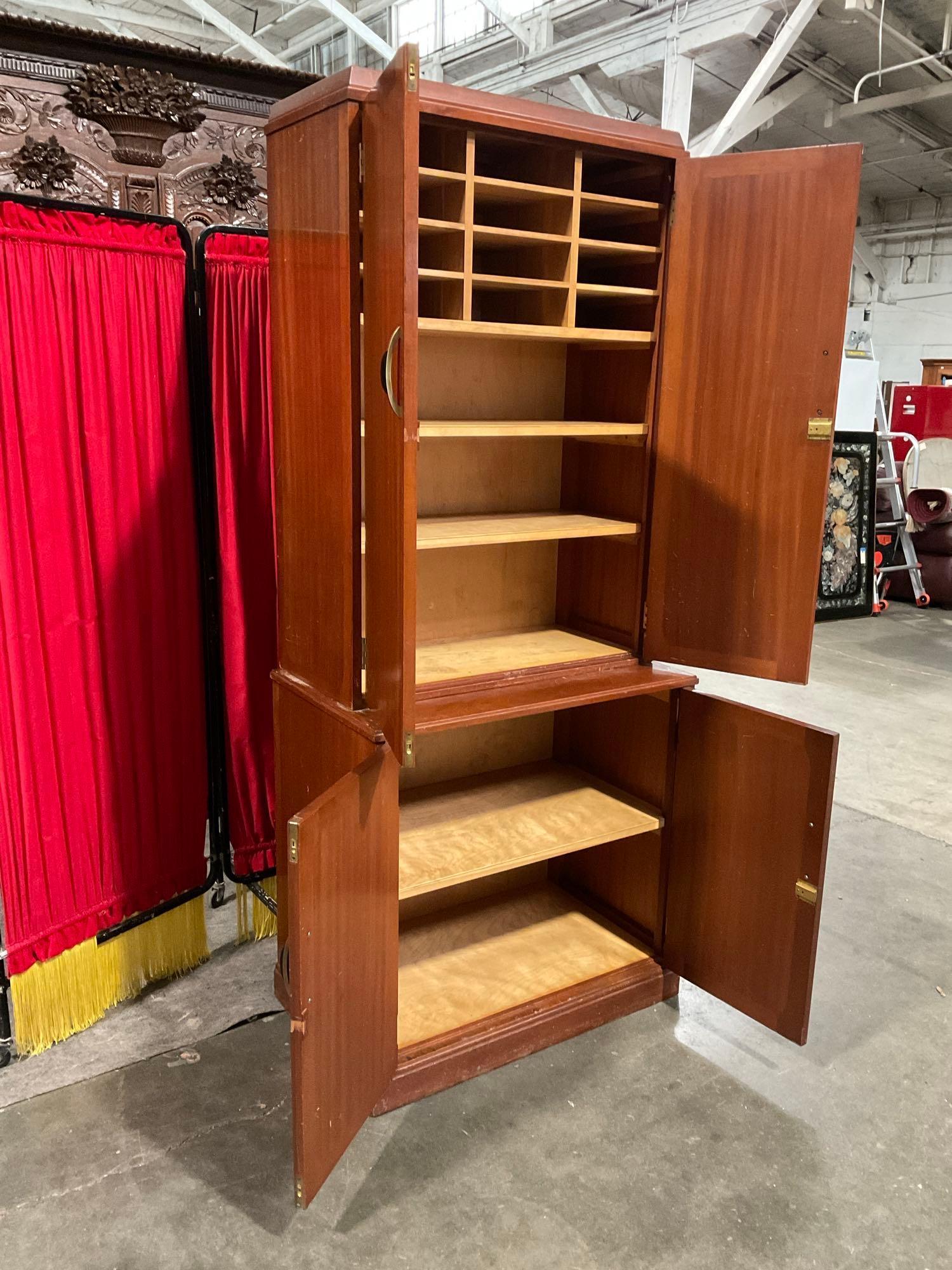 Vintage Mid-Century Modern 2 Piece Wooden Cabinet w/ Letter Compartments & 5 Shelves. See pics.