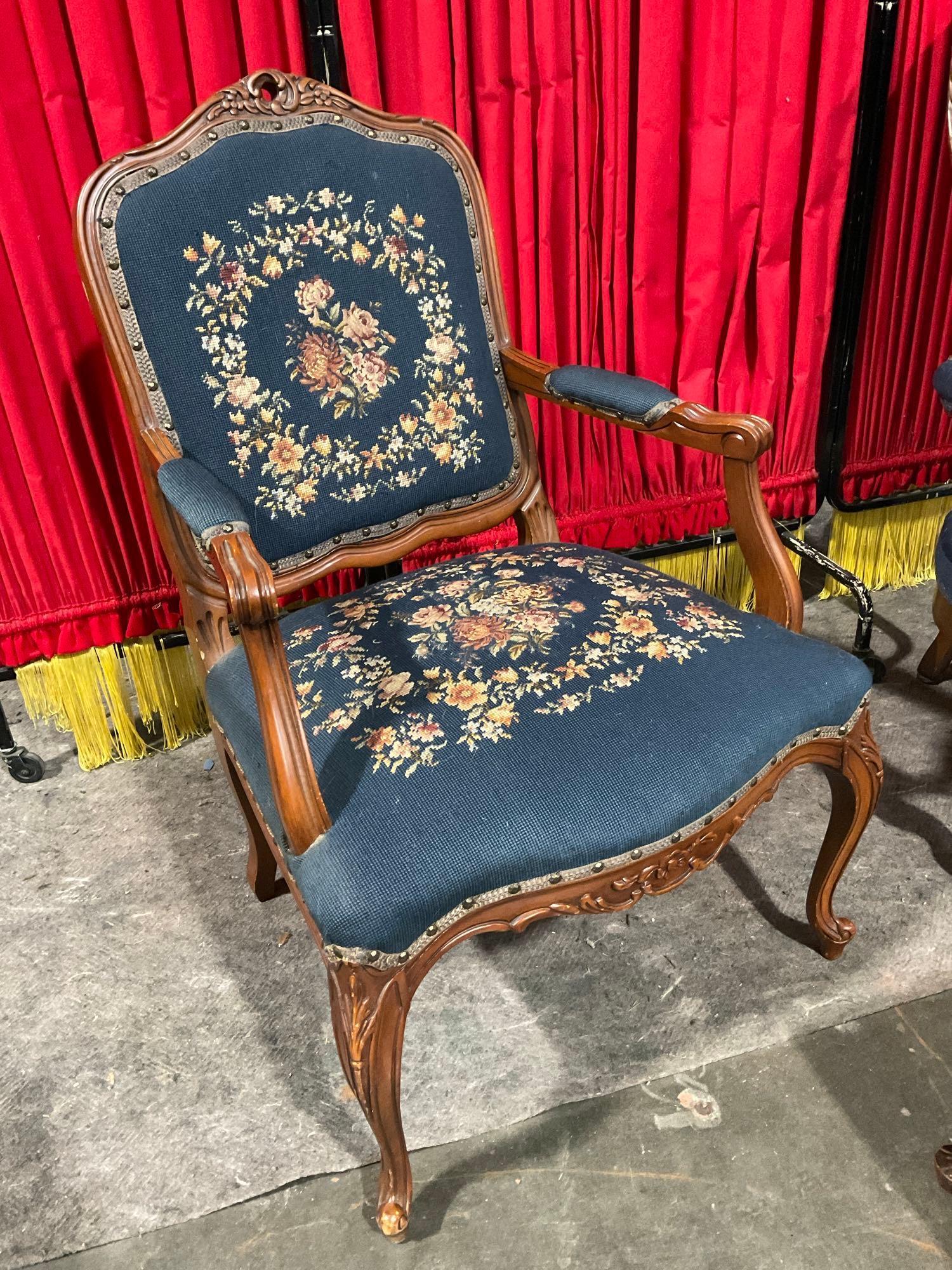 3 pcs Antique Wooden Furniture w/ Needlepoint Upholstery Assortment. 2 Chairs, Ottoman. See pics.